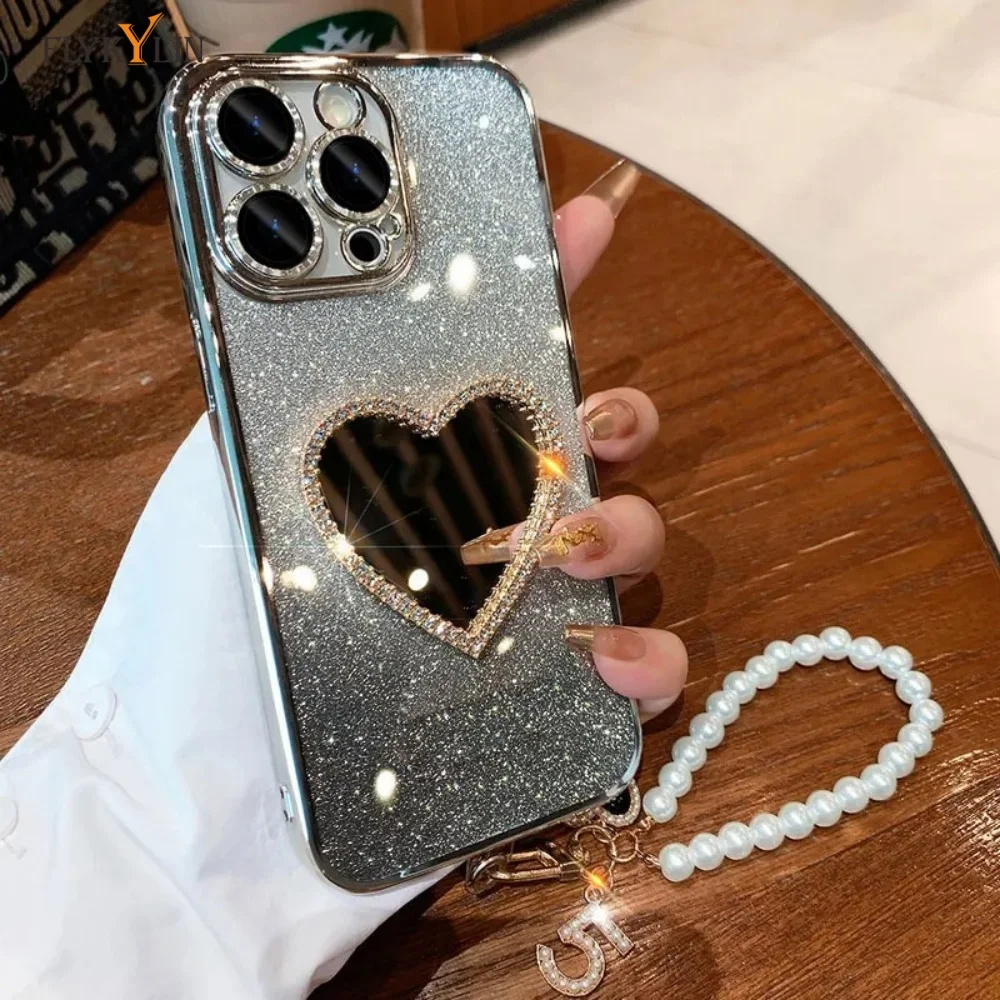 Luxury Diamond Love Mirror Phone Case with Pearl Heart and Hanging Rope
