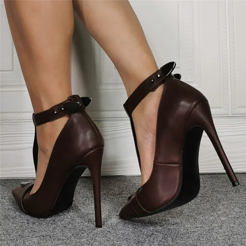 2022 Green PU Leather Stiletto High Heels T-Strap Pumps for Women Ankle Strap Party Dress Shoes Ladies Plus Size Evening Shoes