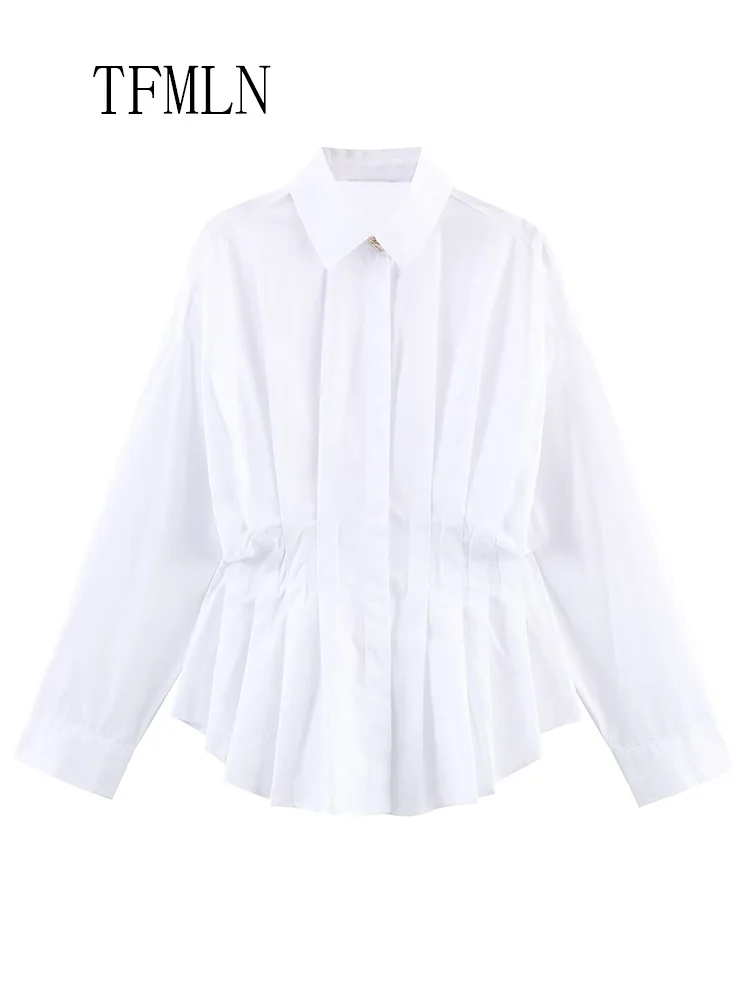Office Ladies Solid Pleated Blouses 2026 Spring Summer Lapel Long Sleeve Folds Causal Shirts Simple Slim Single Breasted Tops