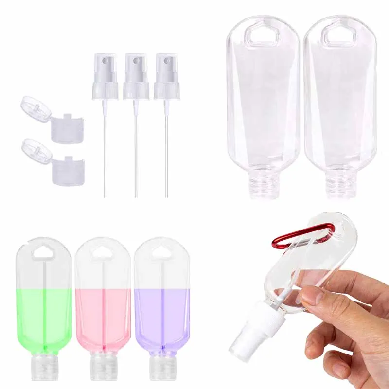 

10Pcs Empty 30-60ml Portable Clear Travel Bottles With Keychain Containers w/ Flip & Spray Lids For Hand Rubbing Alcohol Liquids