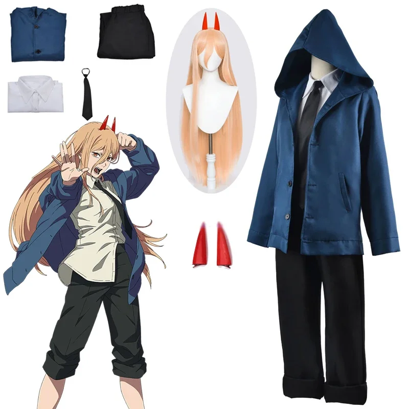 

Disfraz de motosierra de Anime Power para hombre y mujer, traje informal azul, chaqueta, pantalones, horquilla roja, diablo de s