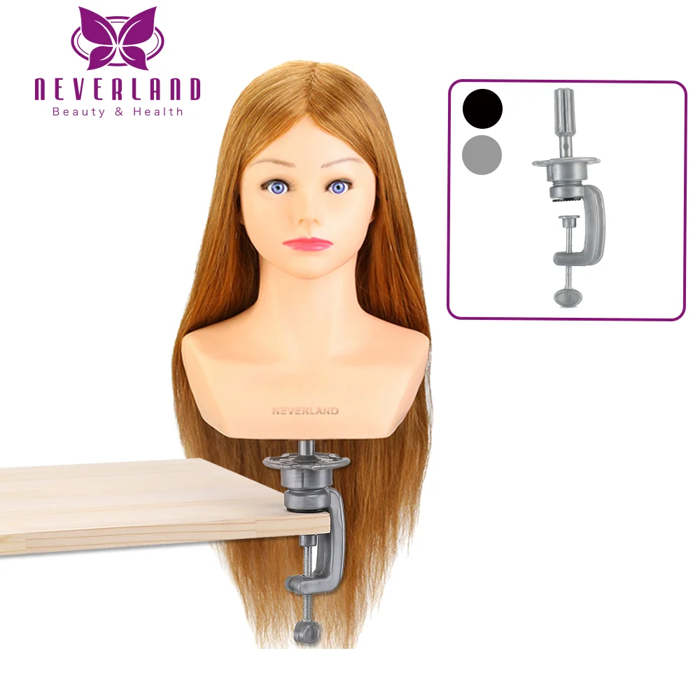 24''80% Real Hair Hairdressing Training Head Hairstyle Doll With Shoulder  Braiding Curling Practice Mannequin Head Clamp Holder