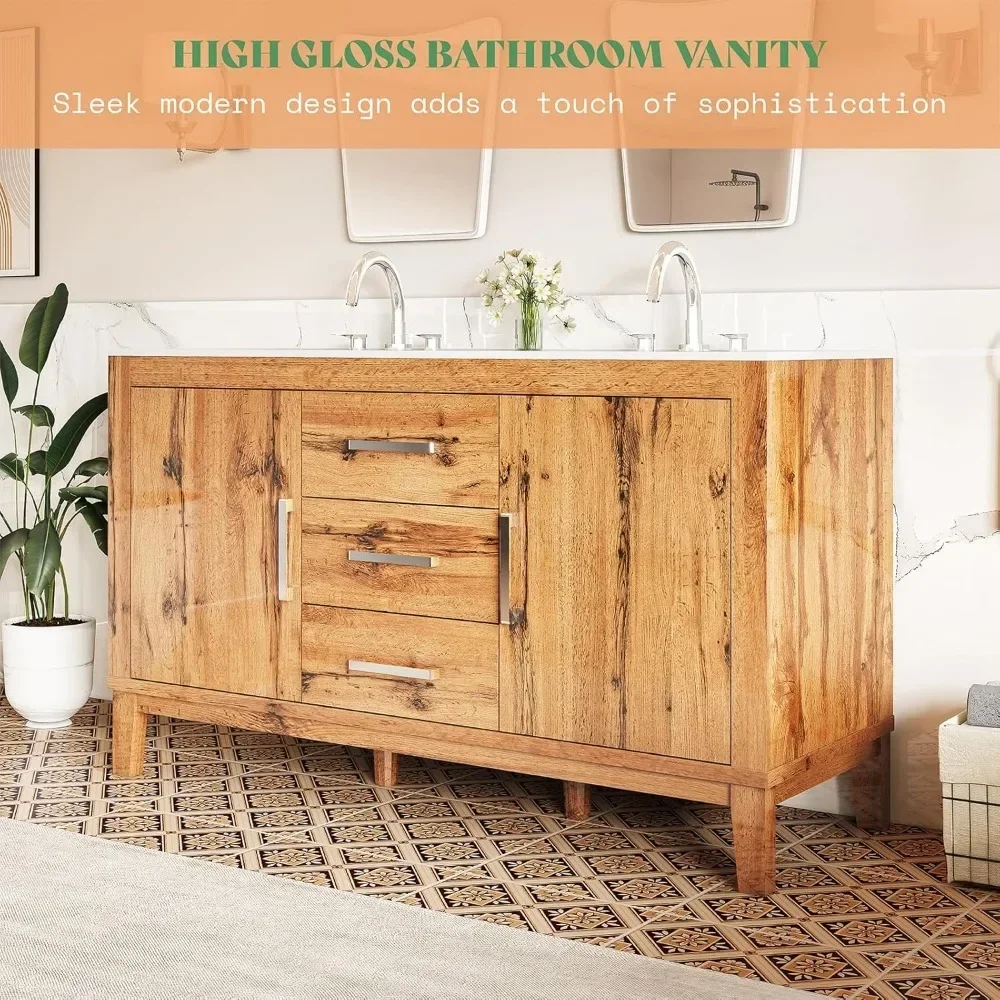 60" Double Bathroom Vanity with Sink, High Gloss Woodgrain Bathroom Storage Cabinet with 3 Hole Sink & & Drawers, Bath Vanity 5