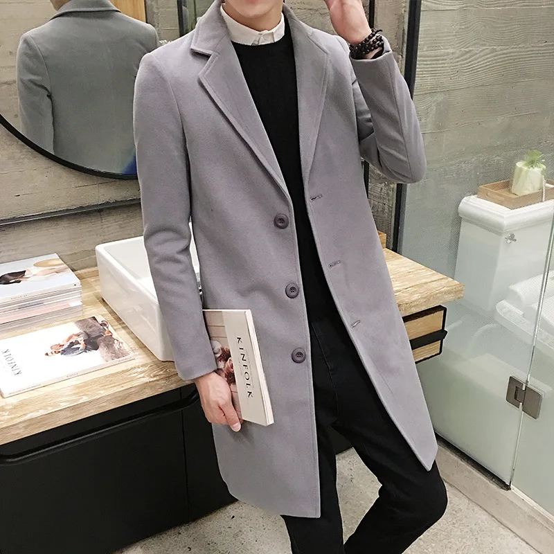 Mens Long Cotton Coat spring autumn New Wool Blend Pure Color Slim Casual Business Fashion Mens Clothing Slim Windbreaker Jacket