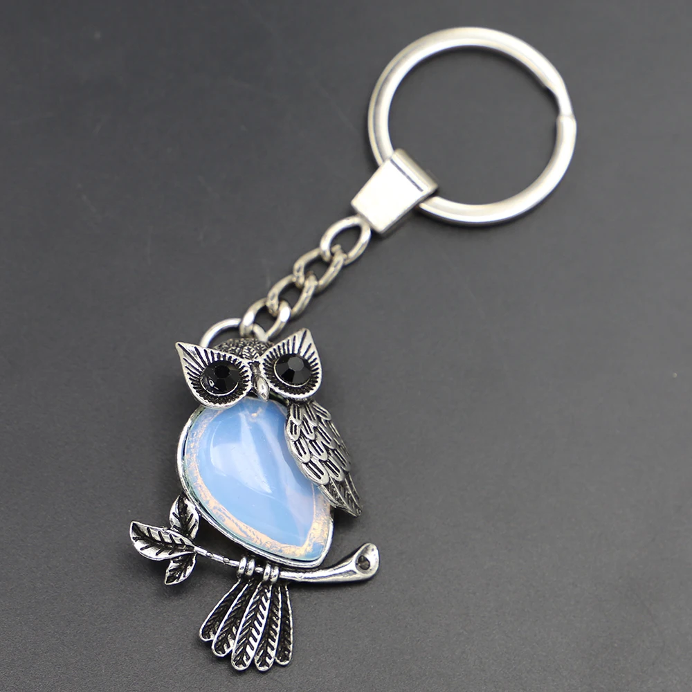 Creative Natural Crystal Original Stone Vintage Owl Keyring Fashion Popular Keychain Pendant Jewelry Accessories 8Pcs Wholesale