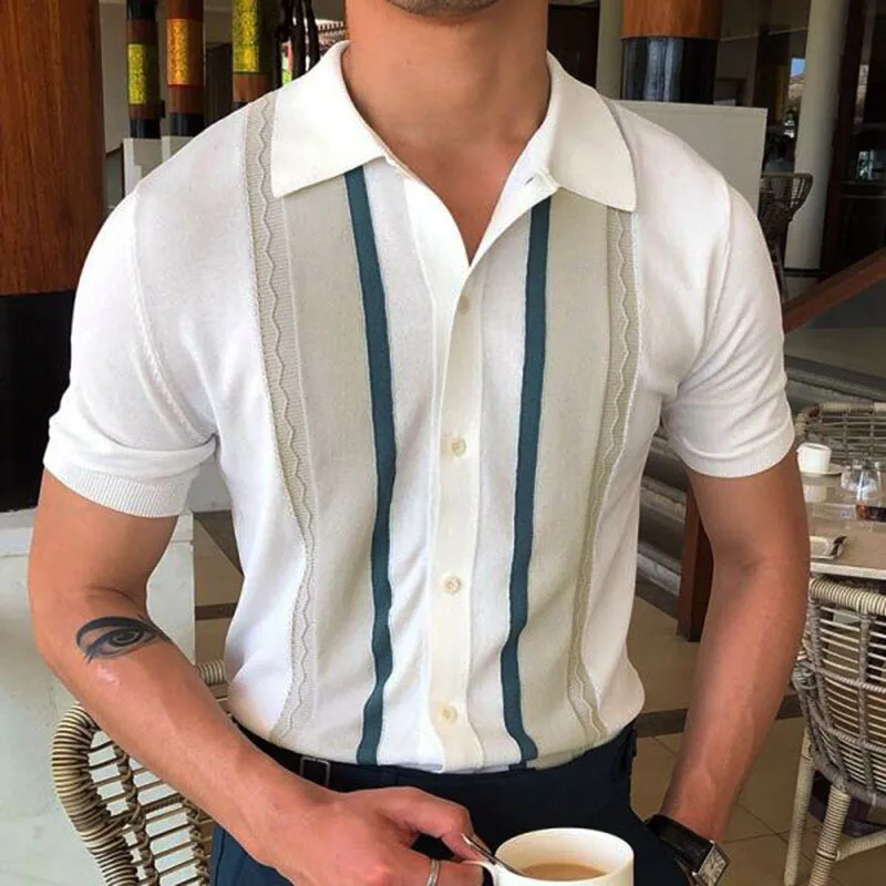 Men's Summer Business Knit Short Sleeve Polo Shirts Streetwear Button-down Breathable Striped Fashion Light Luxury Retro Shirts 12 S91deb73930514edeaef5438824cb11c5d