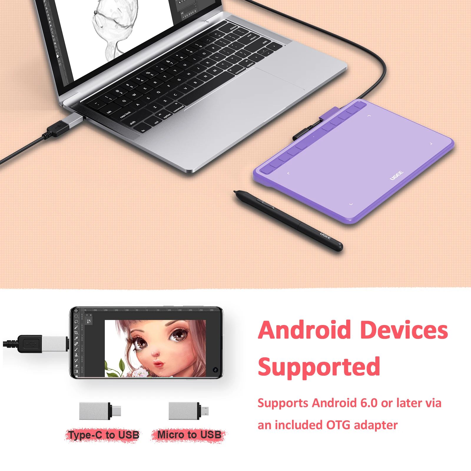 Tablet Gráfico Ugee S640 Tablets de Desenho Digital de 63 x Polegadas com Caneta sem Bateria 10 Atalhos Suporte Android Windows Mac - Imagem 5