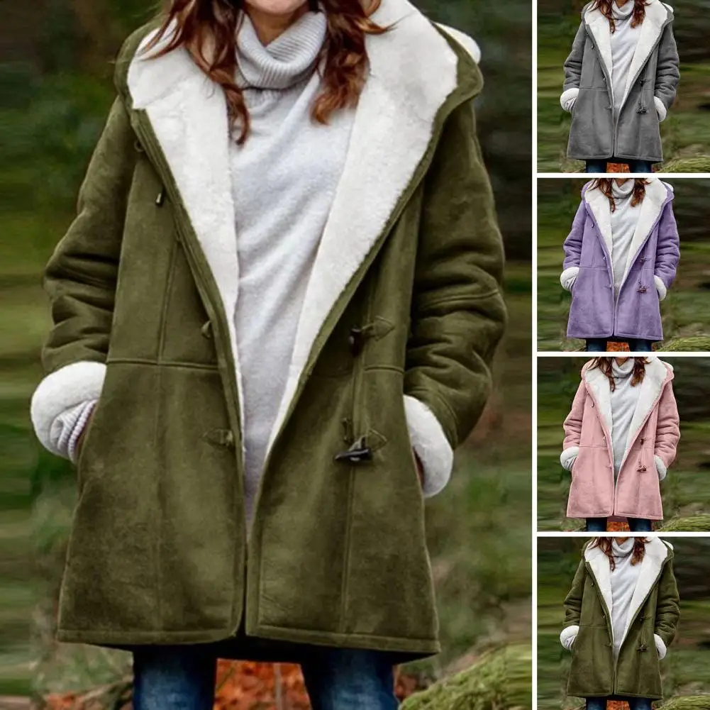 

Soft Women Jacket Women's Hooded Plush Winter Coat with Windproof Mid Length Cold Resistant Features Soft Long Sleeve Jacket