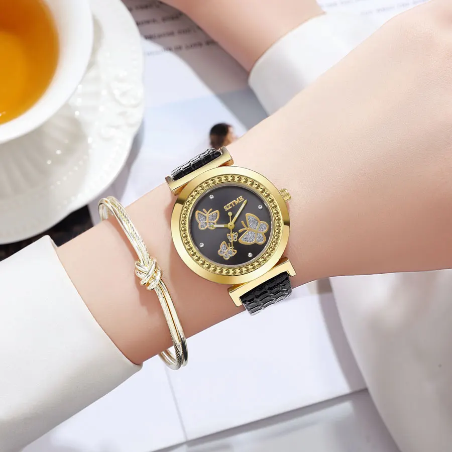 Fashionable Women's Gold Butterfly Diamond Quartz Watch Set