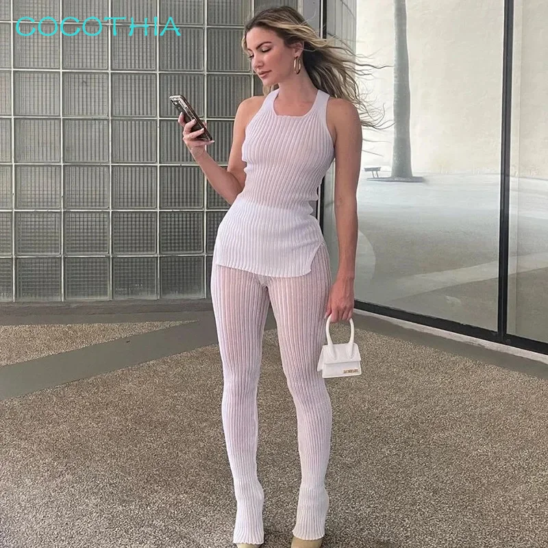 

COCOTHIA Translucent Skinny Ribbed Split Sleeveless T-shirt Tank Top Pencil Pants Fashion 2 Piece Set Trendsetter Streetwear