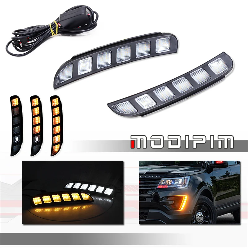 

Switchback LED Car Front Bumper White DRL / Driving Lights w/ Sequential Amber Turn Signal Light Kit For Ford Explorer 2016 2017