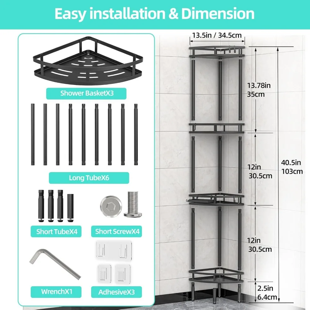 Standing Shower Caddy-4 Tier Stand with Soap Dish, 4 Hooks, Adjustable Feet for Corner-Black 6