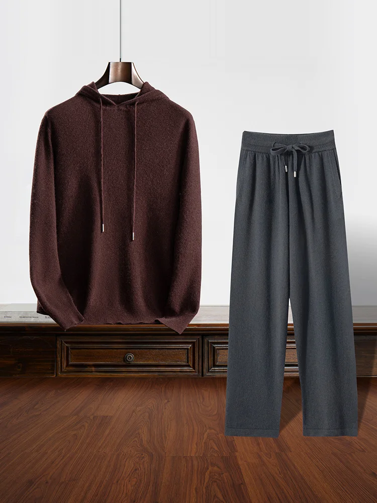 Men 100% Cashmere Sweater Pants Suit Hooded Pullover Straight Trousers Autumn Winter Casual Style Cashmere Knitted Clothing 4