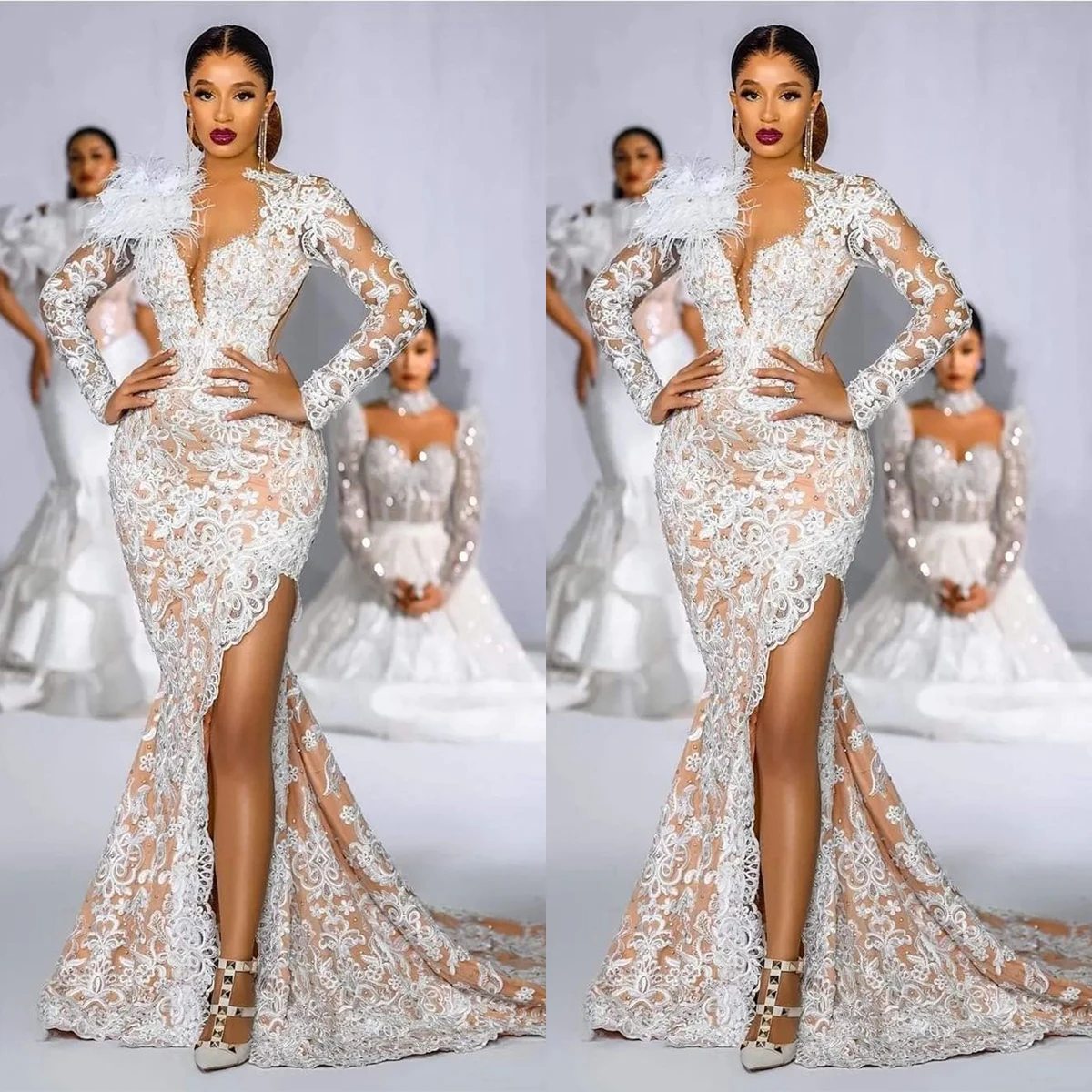 

Glamorous Lace Mermaid Wedding Dress Appliques Feather Bridal Gowns Side Split Custom Made Vestido De Novia