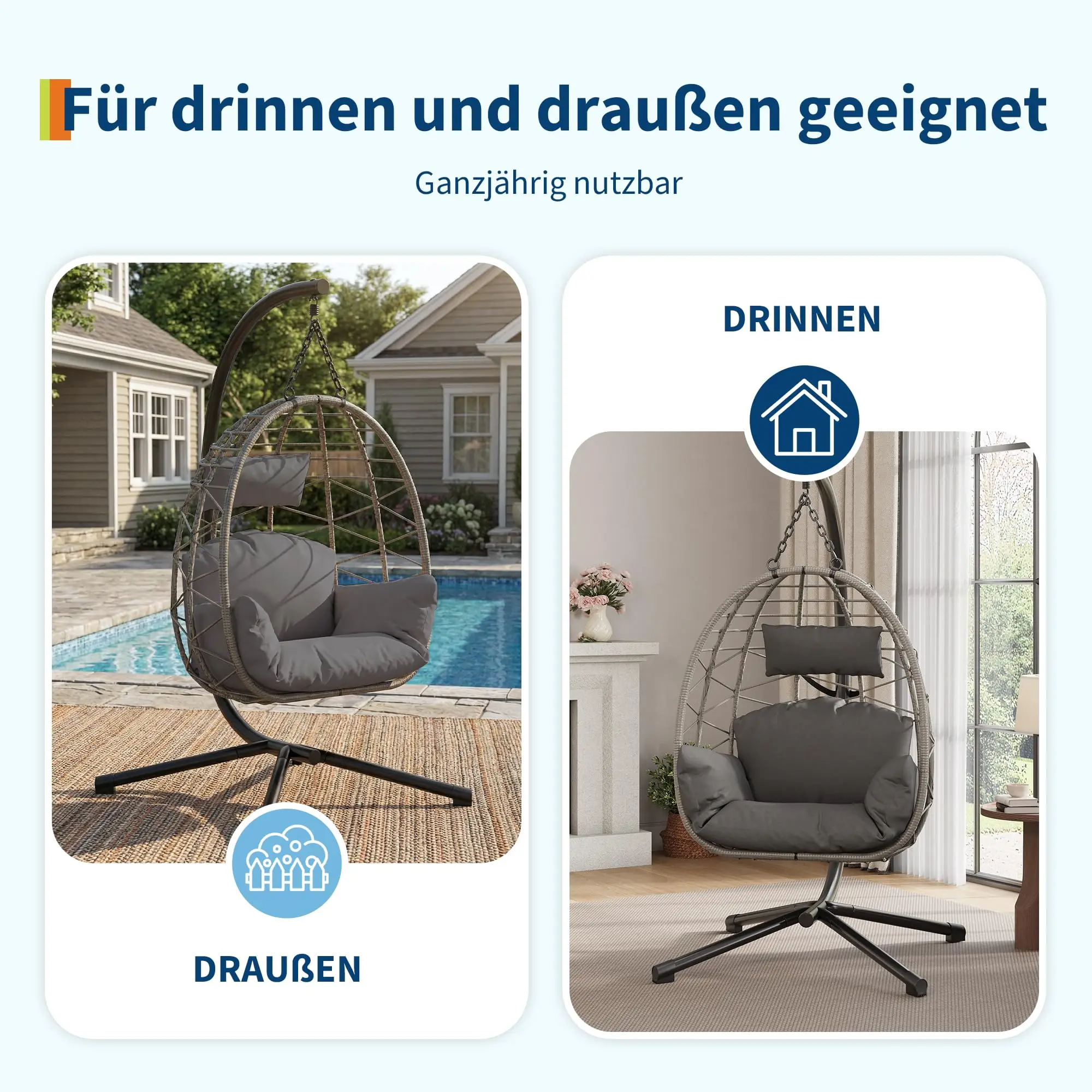 HAUSPROFI Hängesessel mit Ständer, Schaukelhängematte, Wetterfestes Kissen, Belastbar bis 130kg für Garten, Balkon, Terrasse, Dekoration – Detail 5