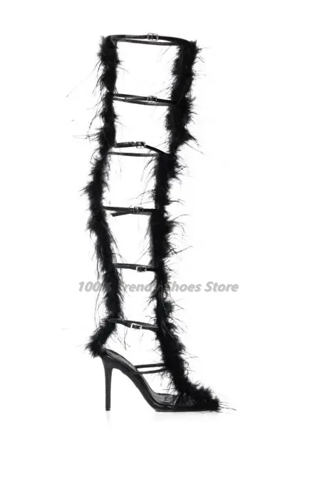 Fashion Show Stiletto High Heels Strap Plush Fairy Over Knee Boots Sandals European and American 2