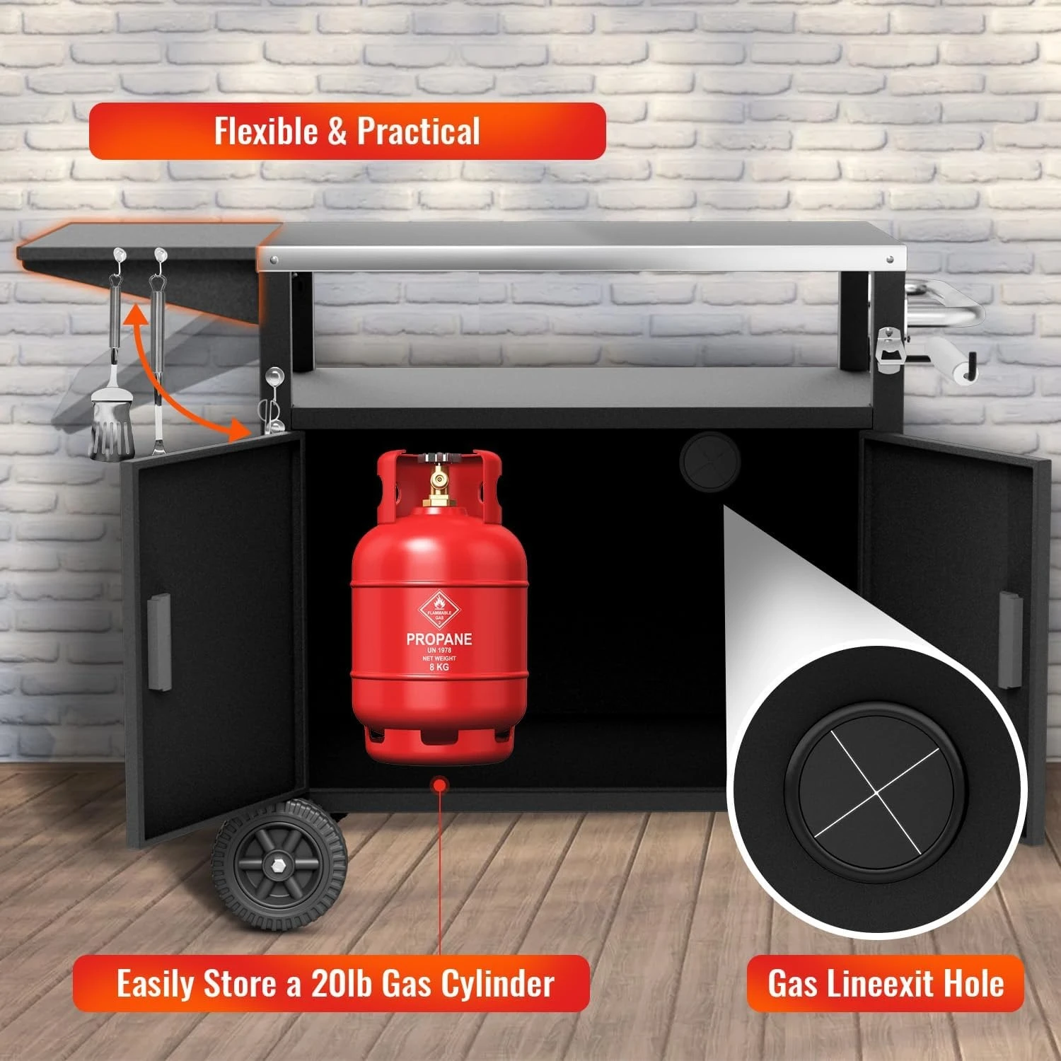 XL Outdoor Grill Cart with Cabinet, Extra-Wide Stainless Steel Table Top, Large Spice Rack & Lockable Wheels,Customized 6