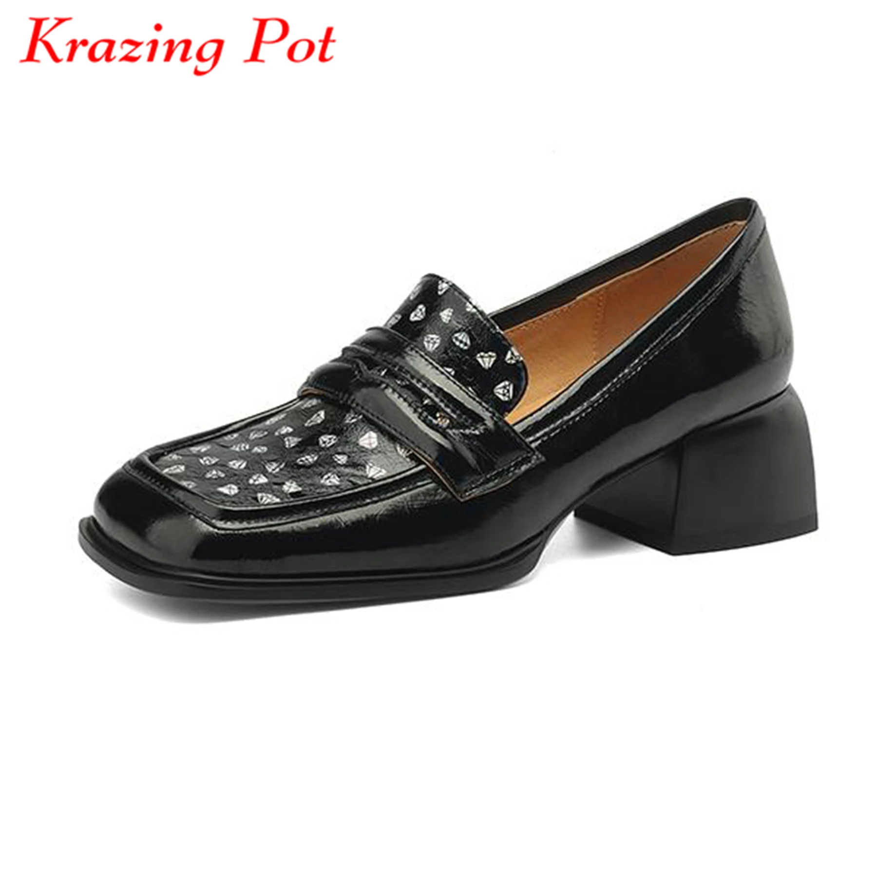 

Krazing Pot Sheep Leather Med Heels Polka Dot Pattern Spring Square Toe Luxury Kpop Fashion Style Vintage Design Women Pumps