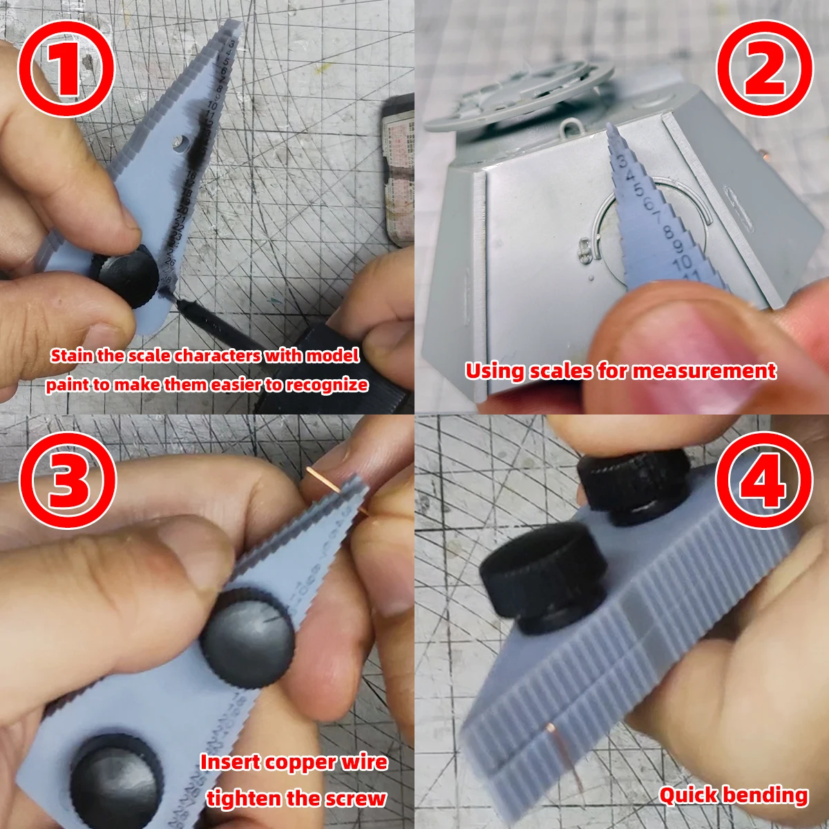 Gabarits et accessoires du kit outil de pliage de fil métallique pour modélisme à l'échelle, disposés sur un plan de travail.
