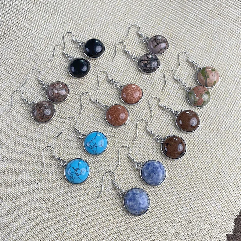 Natural Stone 10mm 12mm Round Amethyst Aventurine Rose Quartz Crystal Agates Dangle Stainless Steel Earrings
