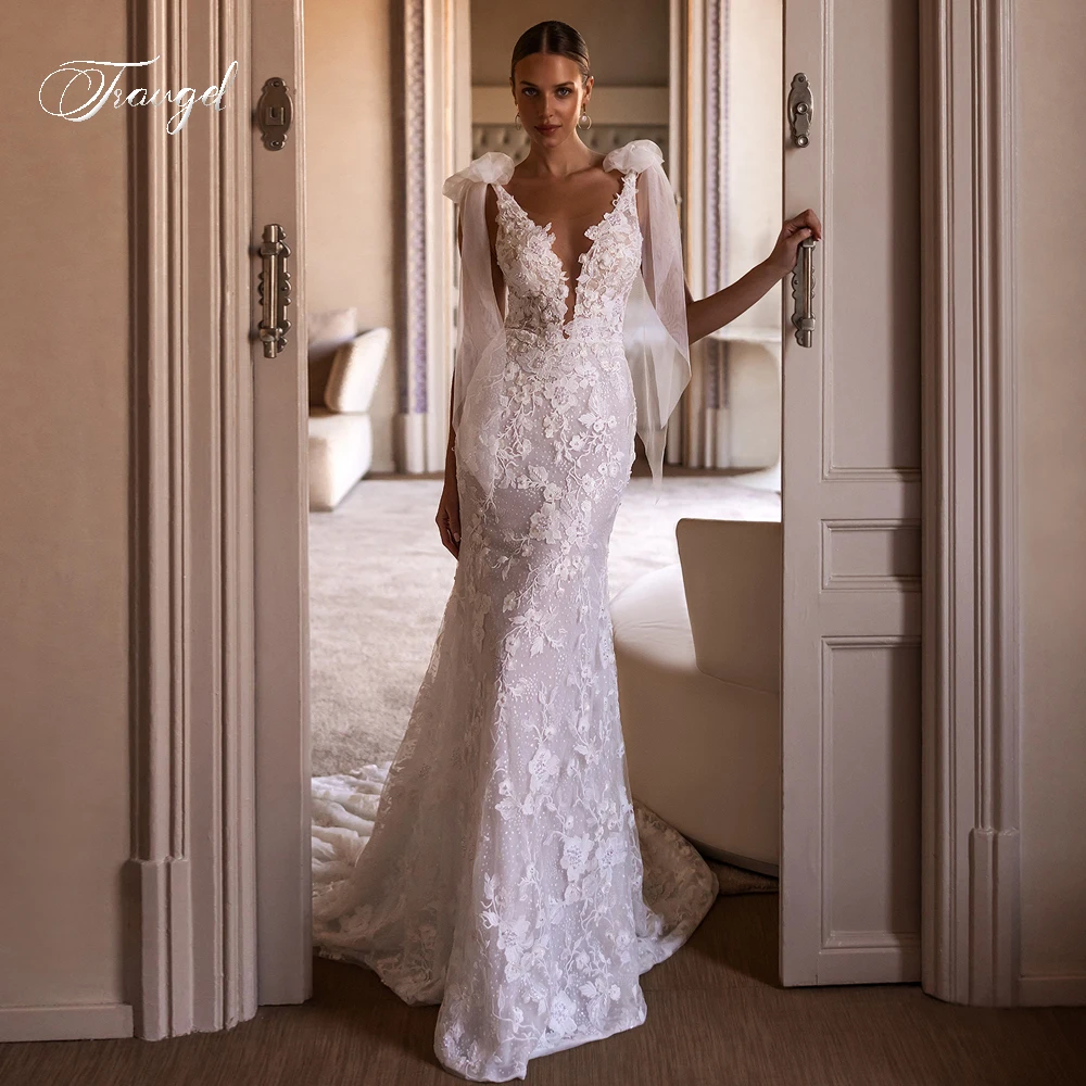 

Traugel Sexy Backless V Neck Lace Mermaid Wedding Dresses Luxury Appliques Beaded Court Train Trumpet Bridal Gown