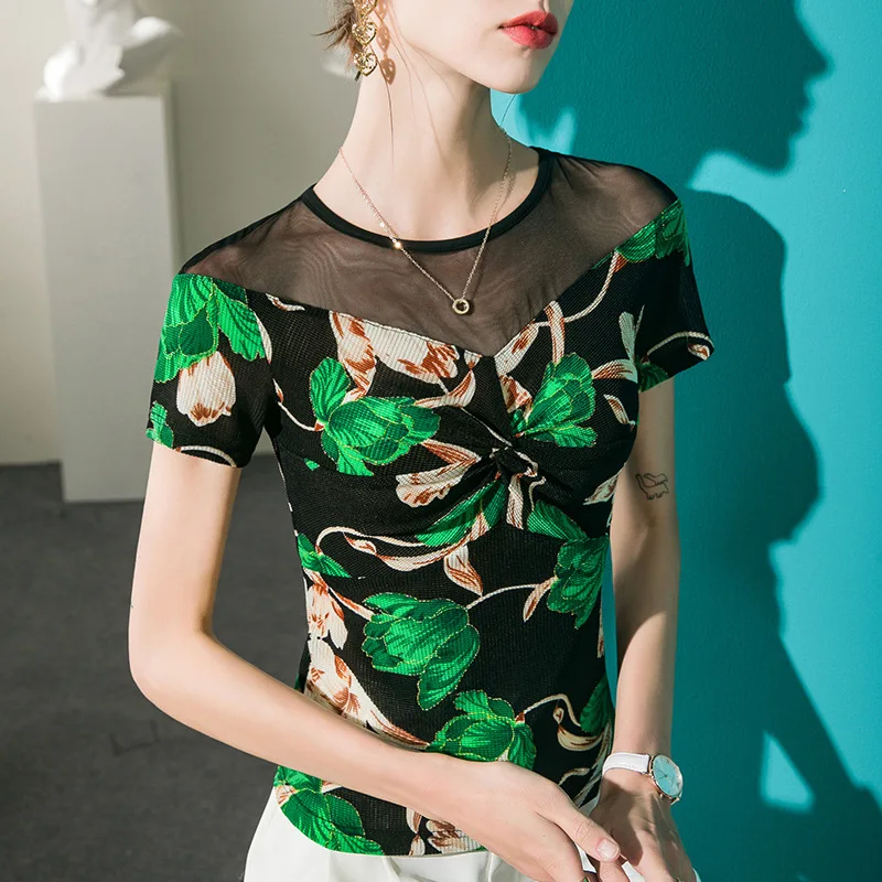 

HIgh Quality 2024 Women Top Print Splice Spring Summer T-shirt Female Gauze Clothing Sexy Crop Top Clothes Casual Blouse Y2k