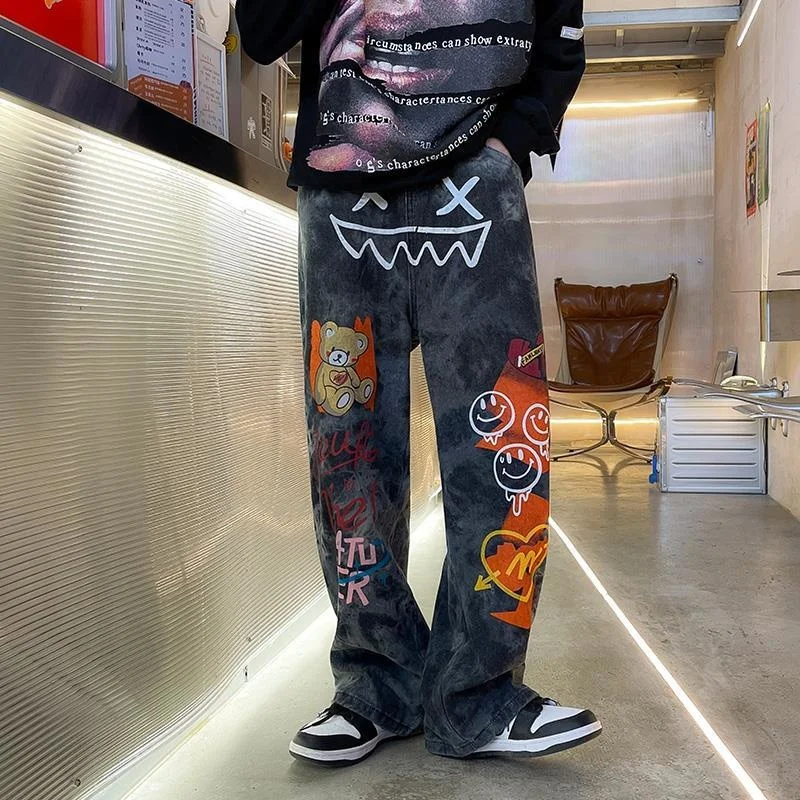 High Street Jeans Pants Ins Trend Hip-hop Men And Women Graffiti Jeans Design Sense Loose Straight Pants Oversize Pants high street hiphop pants men denim jeans heart graffiti jeans printed oversize baggy straight trousers jeans for men streetwear