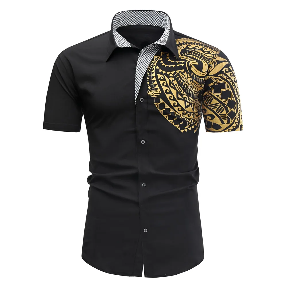 New Large Size Men's Casual Blouse Slim Fit  Short Sleeve  Shirts  2021 Summer Men Gold Black Chemise short sleeve shirts men