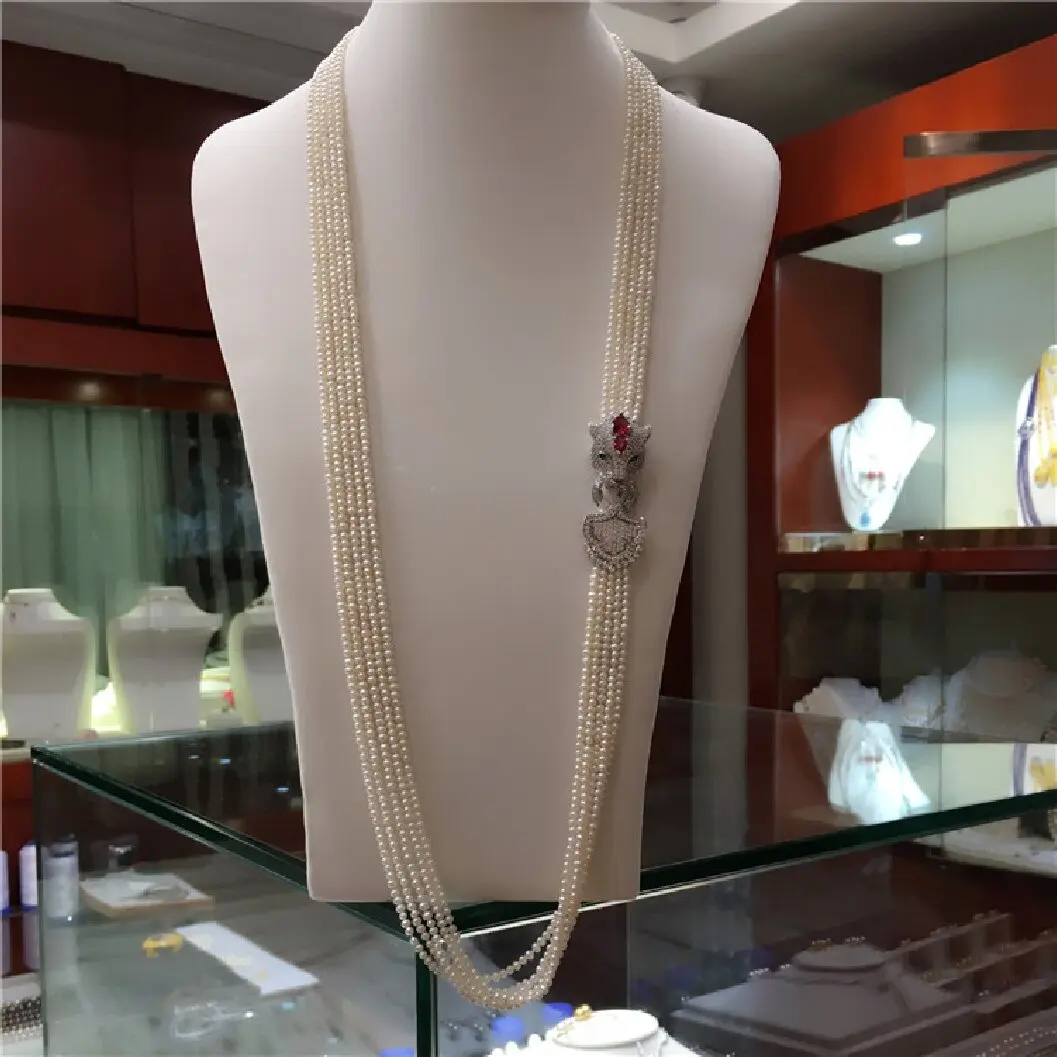 

New natural fresh water pearl 3-5mm multi-layer long sweater chain leopard head buckle four seasons versatile gift to girlfriend