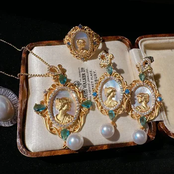 Women Gemstone Necklace Textured 18K Gold Zirconia Pearl Earrings 1