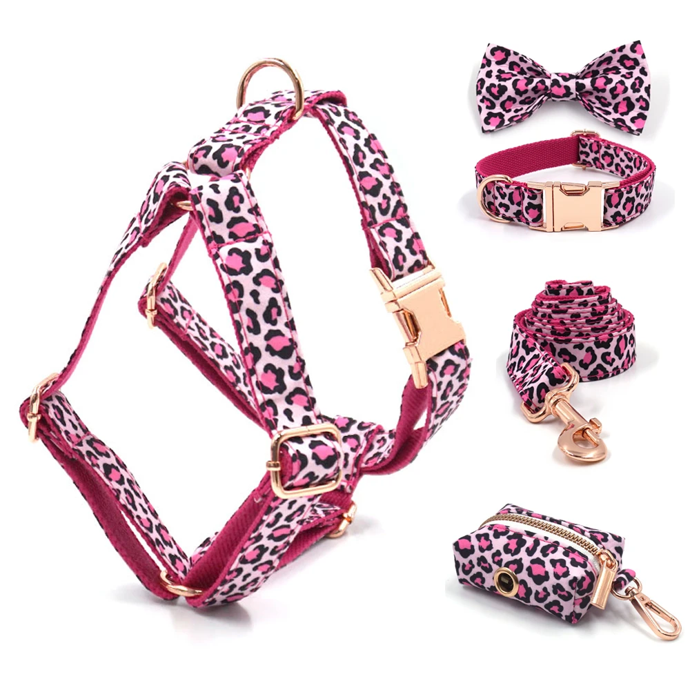 Dog Harness Pink Leopard Dog Collars Leopard Puppy Harness Set