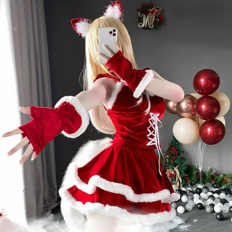 

Bunny Santa Claus Uniform Holiday Women Sexy Party Mini Dresses Winter Cosplay Christmas Velvet Dress Tops Skirt Gloves Suits