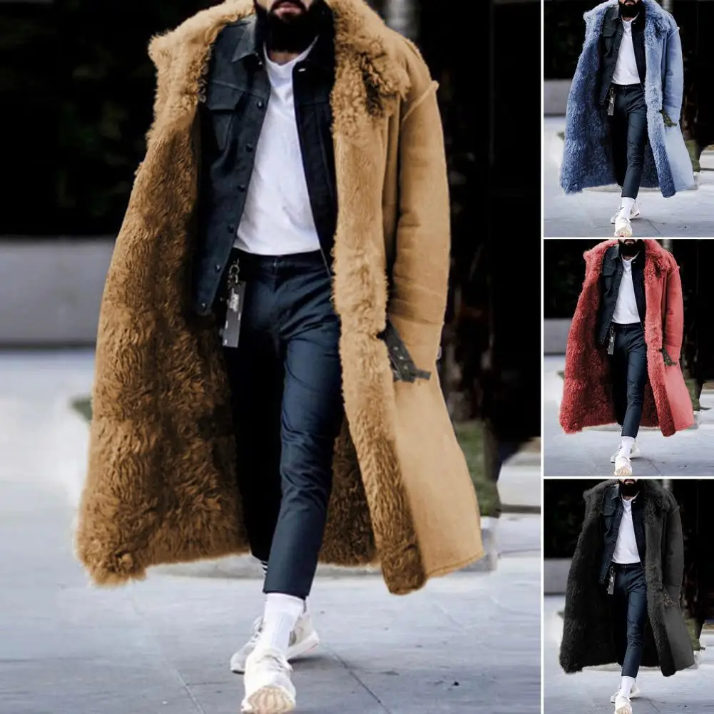Winter Men's Overcoat Faux Fur Long Windbreaker Luxury Thicken Long Sleeves Pockets Warm Coat Midi Length Buttons Outdoor Coat
