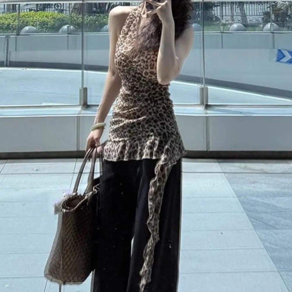 Irregular Leopard Crop Top Bottoming Shirt Ins Halter Cheesy Tops Female Clothing Slim Fit Leopard T-Shirt Women Streetwear