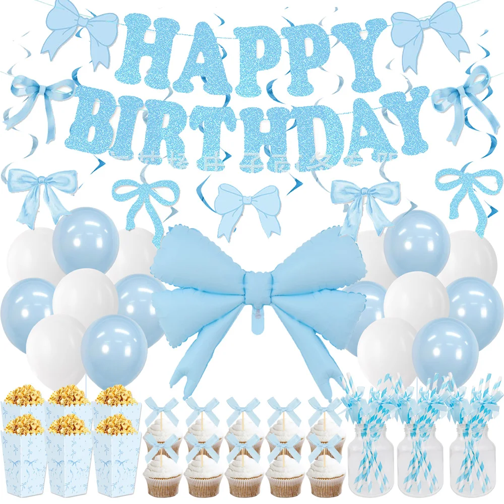 Blaue Schleife, Party-Dekoration, blaues Macaron-Latex-Ballon, Banner, Behänge, Kuchendekoration für Kinder, Mädchen, Schleife, Kokette, Geburtstagsparty-Zubehör