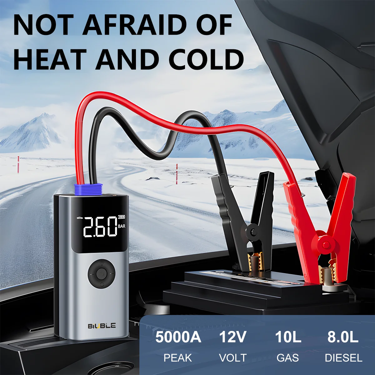 BIUBLE 2 in 1 Car Jump Starter Gas Filled 5000A Peak Aerate Quickly 12V with Fast Charging With LED Screen