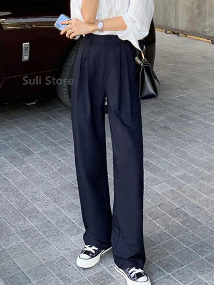 Fashion (APRICOT)2023 New Retro Straight Wide Leg Brown Pants Vintage Female  Korean High Waist Casual Long Navy Blue Pants White Beige Trousers DOU @  Best Price Online