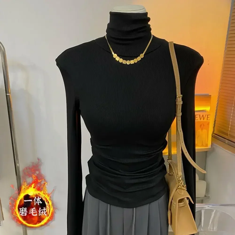 Wholesale Sexy High Strecth Fleeces Top Base Slim T Shirts Women 2023 New Autumn Winter Long Sleeve Turtleneck Solid T Shirt