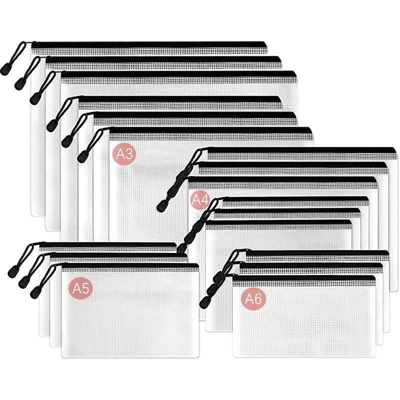 4pcs Mesh Zipper Storage Bag Document Bag Waterproof File Pouch Folders School Office Supplies Cosmetic Makeup Bags A3/A4/A5/A6