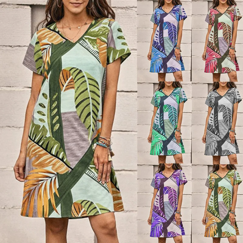 

2023 New Foreign Trade Women's Printed Casual Short Sleeve V-Neck Dress