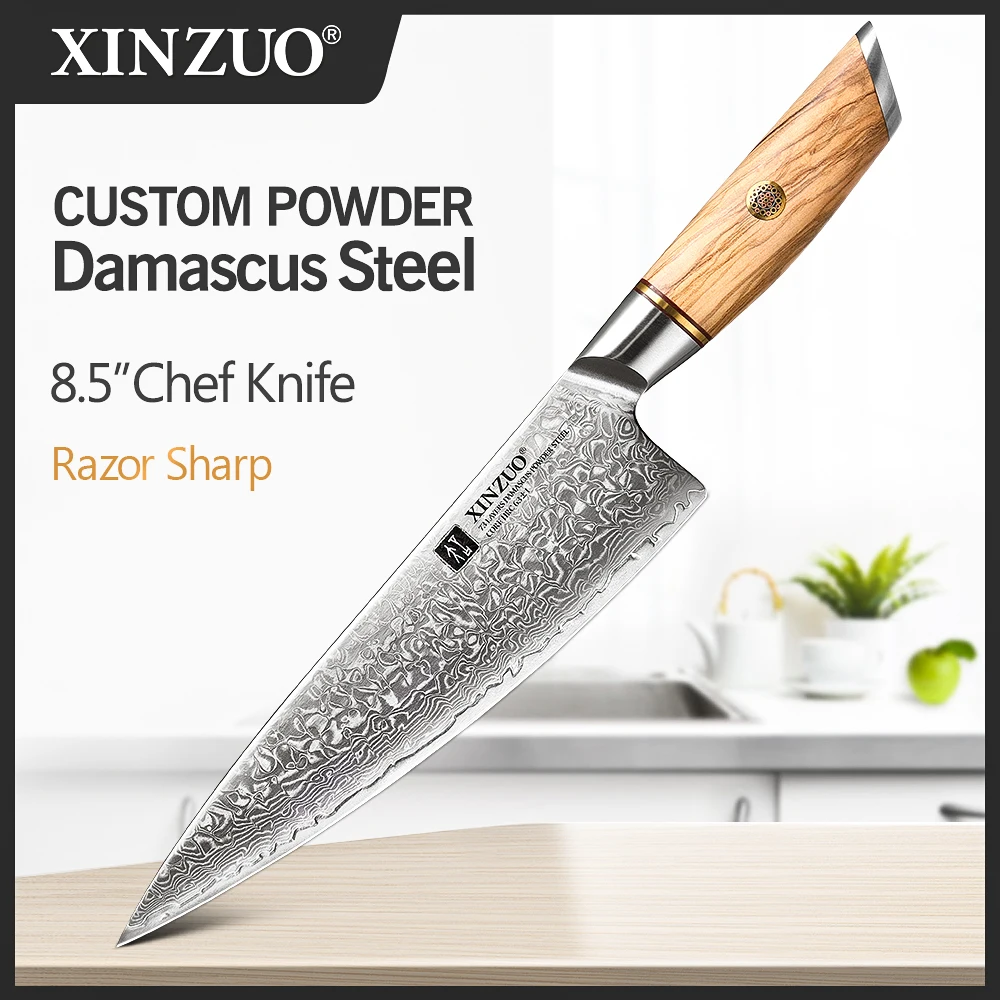 XINZUO 8.5'' Inch Chef Knife High Carbon 62-64 HRC Power Damascus Steel Professional Kitchen Knives Meat Tools with Olive Handle