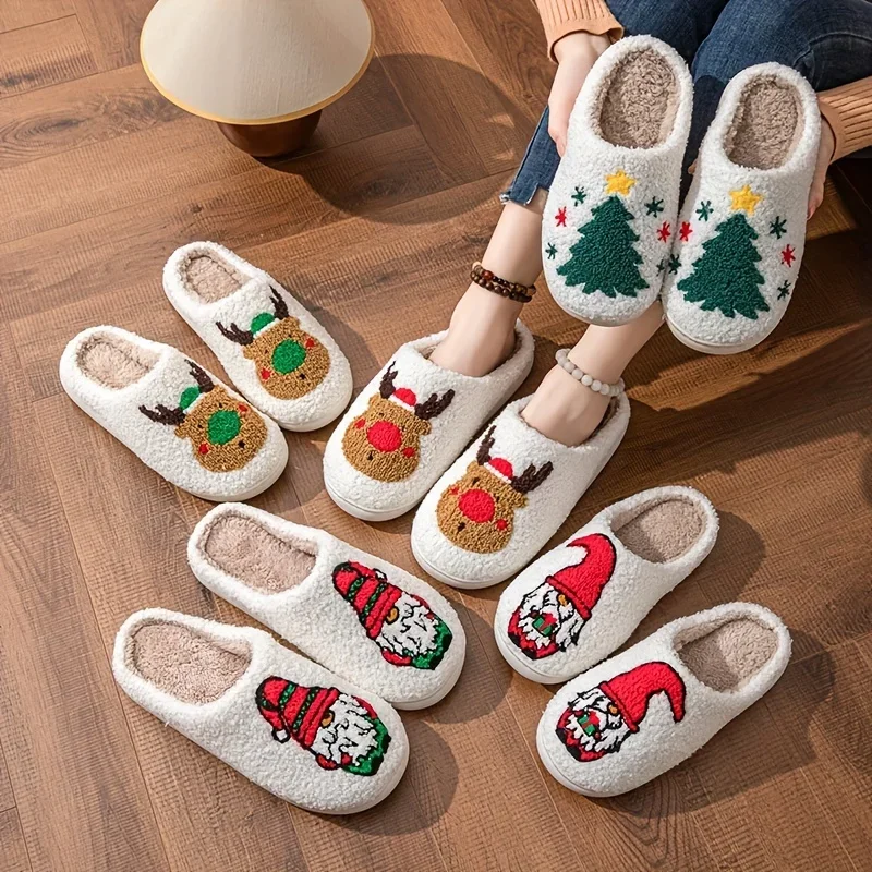 

Cartoon Christmas Deer Print Slippers Women 2023 Winter Warm Slip on Non-slip Fuzzy Home Slippers Plush Cozy Indoor Shoes Slides
