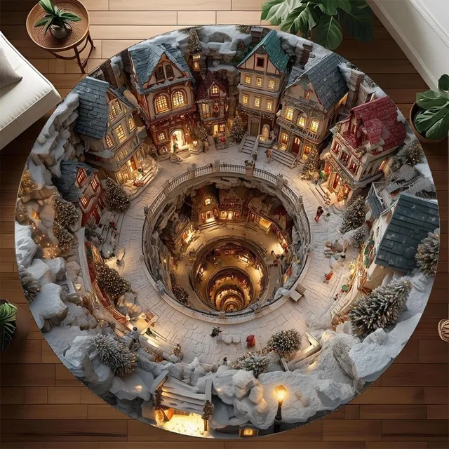 พรมลายหมู่บ้านหิมะวนวน 3 มิติ ลายถนนหิมะในฤดูหนาว ตกแต่งห้องนั่งเล่นและห้องนอน สไตล์เทพนิยายชวนฝัน 1