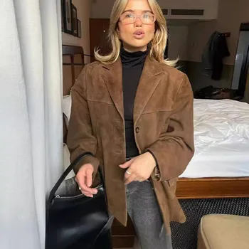 Vintage Brown Loose Blazer Jacket Women Winter