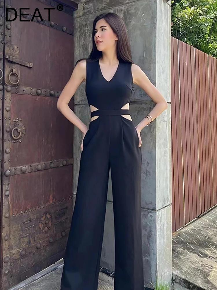 

DEAT Women's Fashion Evening Jumpsuits V-neck Hollow Out Hollow Out Sexy Party Loose Female Playsuits Summer 2023 New 13DB3468