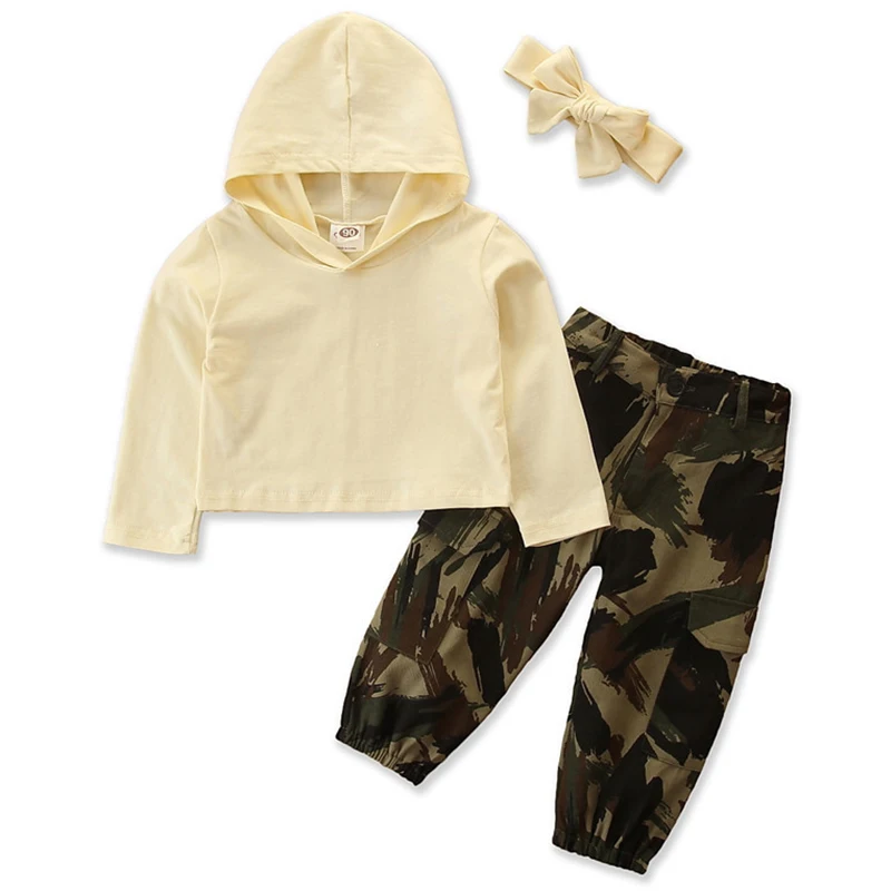 

3Piece 2-6Years Spring Fall Little Girl Clothes Fashion Cotton Hooded Children T-shirt+Camouflage Pant Baby Clothing Set BC2006