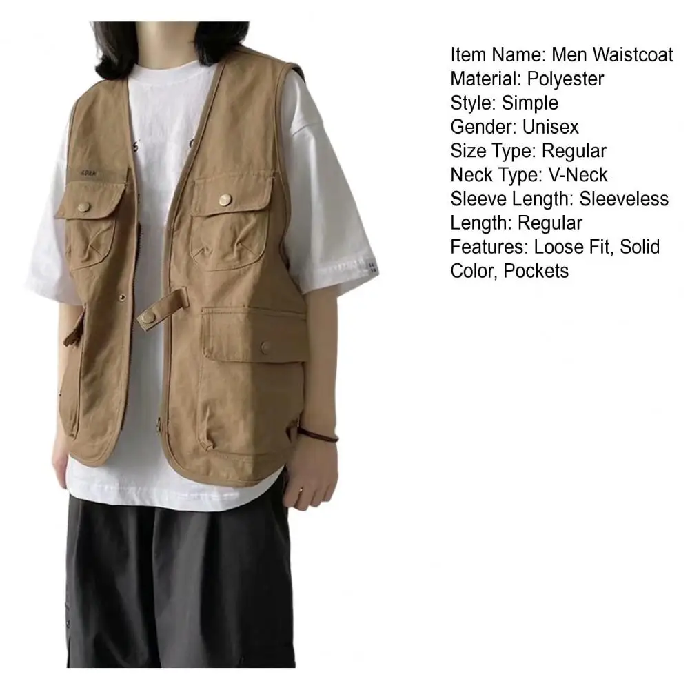 Description Picture 3 of itemFade-resistant Men Vest Men Waistcoat with Multiple Pockets Versatile Unisex Summer Vest with Multi Pockets Zipper for Men