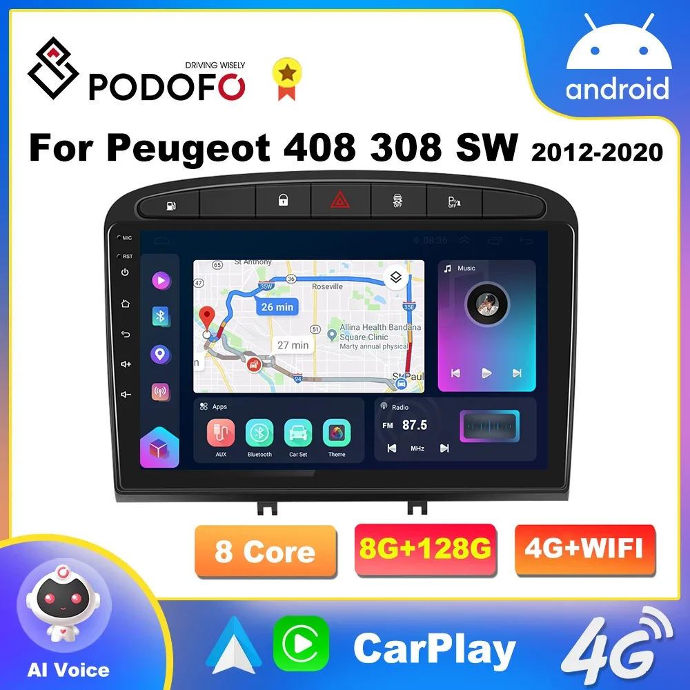 Podofo 4G CarPlay Android Auto For Peugeot 408 308 SW 2012-2020 Android Radio 9