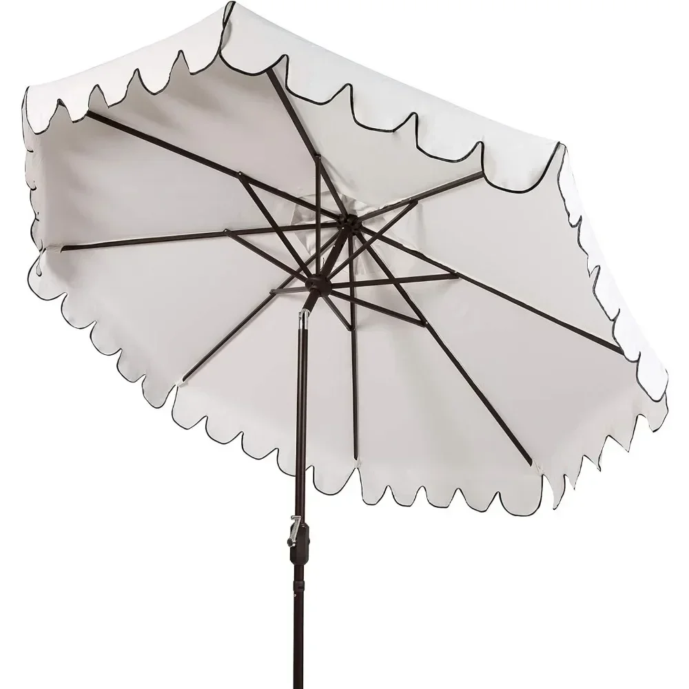 Outdoor Garden Parasol Collection Venice Navy and White Single Scallop 9Ft Crank Outdoor Push Button Tilt Umbrella Canopy 3