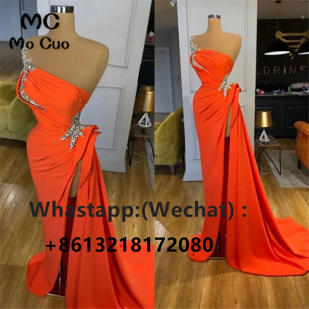 

2023 Orange One Shoulder Evening Dresses Long Side Slit Beaded Crystals Robe De Soiree One Shoulder Evening Party Dress